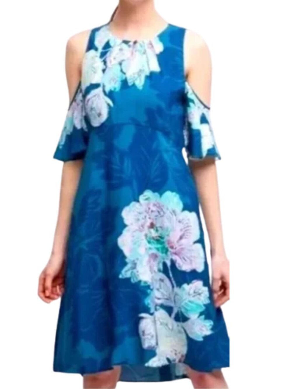 Anthropologie Maeve Elia Dress Teal Floral Cold Shoulder Ruffle A-Line Summer